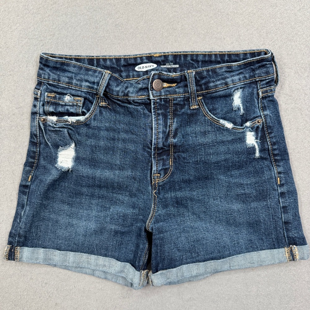 Old Navy Booty Shorts Women's 4 Blue Distressed High Rise‎ Secret Slim Pockets